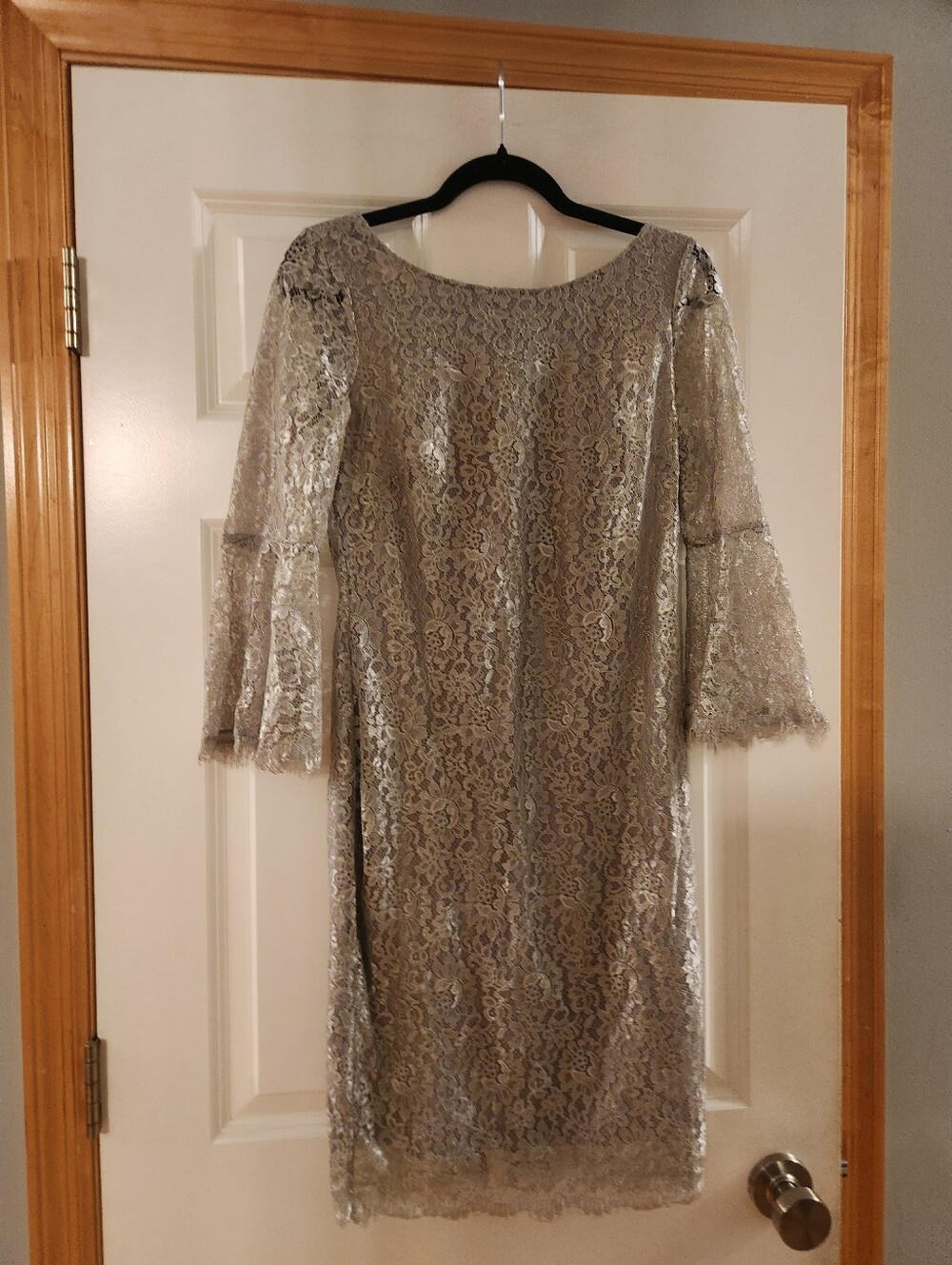 Calvin Klein Silver Lace Midi Dress with Bell Sleeves Size 6